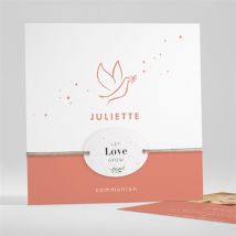 Faire-part communion Colombe dorée ensemencé personnalisable - Couleur Rose/Orange - 13,5 x 13,5 cm - Monfairepart