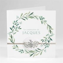Faire-part communion Végétal et dorure ensemencé personnalisable - Couleur Vert et Blanc - 13,5 x 13,5 cm - Monfairepart