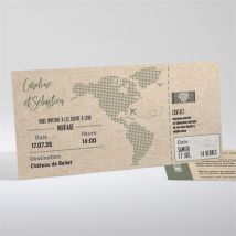 Faire-part mariage Billet d'avion personnalisable - Couleur Vert et Beige/Kraft - 21 x 10 cm - Monfairepart
