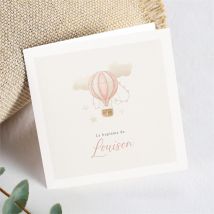 Faire-part de baptême La montgolfière plié personnalisable - Couleur Rose et Beige - 13,5 x 13,5 cm - Monfairepart
