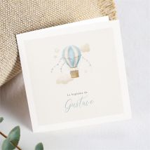 Faire-part de baptême Ma Montgolfière plié personnalisable - Couleur Bleu et Beige - 13,5 x 13,5 cm - Monfairepart
