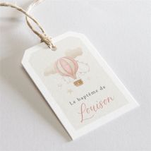 Etiquette baptême La montgolfière personnalisable - Couleur Rose et Beige - 4 x 6 cm - Monfairepart