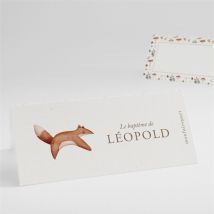 Marque-place baptême Renard en forêt personnalisable - Couleur Orange et Beige et Marron - 9,5 x 4,2 cm - Monfairepart