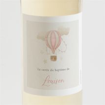 Etiquette de bouteille baptême La montgolfière personnalisable - Couleur Rose et Beige - 9,5 x 9,5 cm - Monfairepart