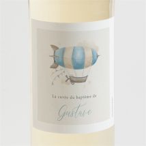 Etiquette de bouteille baptême Ma Montgolfière personnalisable - Couleur Bleu et Beige - 9,5 x 9,5 cm - Monfairepart