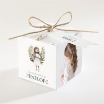 Boîte de dragées communion Jolie Bohème personnalisable - Couleur Vert et Blanc - 4,5 cm - Monfairepart