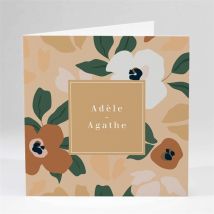Faire-part naissance Fleurs vintage jumeaux personnalisable - Couleur Vert, Orange et Beige et Marron - 13,5 x 13,5 cm - Monfairepart