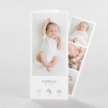 Faire-part naissance Le photomaton - Photomaton personnalisable - Couleur Noir, Blanc et Blanc - 21 cm x 9 cm fermé - Monfairepart