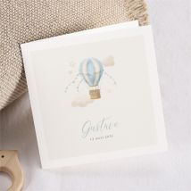Faire-part naissance Montgolfière plié personnalisable - Couleur Bleu et Beige - 13,5 x 13,5 cm - Monfairepart