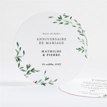 Invitation anniversaire de mariage Douceurs végétales - Rond personnalisable - Couleur Vert et Blanc - 13,5 cm - Monfairepart