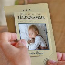 Faire-part de baptême Télégramme Baptême duo personnalisable - Couleur Marron/Kraft - 14 x 10 cm assemblé - magnet 10 x 8 cm - Monfairepart