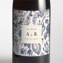 Etiquette de bouteille mariage Exotique personnalisable - Couleur Bleu et Beige - 9,5 x 9,5 cm - Monfairepart