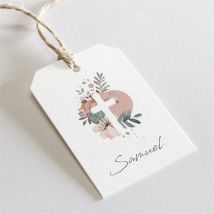 Marque-place communion Vraie Joie étiquette personnalisable - Couleur Rose, Blanc et Gris - 4 x 6 cm - Monfairepart