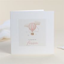 Faire-part de baptême La montgolfière gaufrage personnalisable - Couleur Rose et Beige - 13,5 x 13,5 cm - Monfairepart
