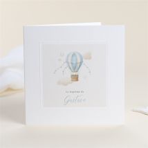 Faire-part de baptême Ma Montgolfière gaufrage personnalisable - Couleur Bleu et Beige - 13,5 x 13,5 cm - Monfairepart