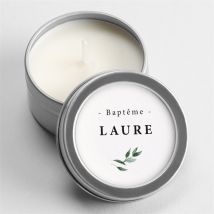 Bougie baptême Décoration végétale argent personnalisable - 5 cm et 2,5 cm de hauteur - Monfairepart