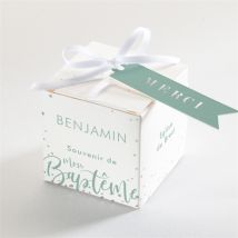 Boîte de dragées baptême Jeu de mots dorure personnalisable - Couleur Vert, Bleu et Blanc/Argenté - 4,5 cm - Monfairepart