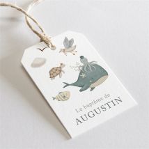 Etiquette baptême Farandole marine personnalisable - Couleur Bleu, Blanc et Gris - 4 x 6 cm - Monfairepart