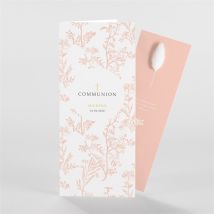 Faire-part communion Gravures fleur séchée personnalisable - Couleur Rose, Beige et Blanc - 21 cm x 9 cm fermé - Monfairepart