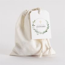 Boîte de dragées baptême L'eucalyptus pochon personnalisable - Couleur Vert et Blanc - 10 cm x 12 cm - Monfairepart