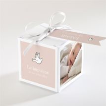 Boîte de dragées baptême Petites soeurs personnalisable - Couleur Rose, Beige et Blanc - 4,5 cm - Monfairepart
