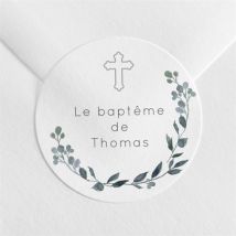 Sticker baptême Adulte eucalyptus personnalisable - Couleur Vert et Blanc - 4 cm - Monfairepart