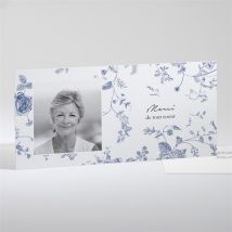 Carte de remerciement décès Fleurs bleues allongé personnalisable - Couleur Bleu et Blanc - 21 x 10 cm - Monfairepart