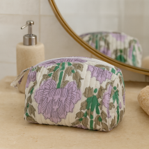 Kosmetiktasche 22cm x 10cm x 10cm mit Blockprint und lila Blumen - AU Maison - A.U Maison - MT Stofferie