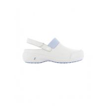 Sabot hospitalier à talon en cuir blanc et bleu Sheila