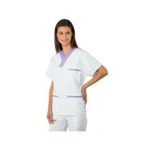 Casaque Médicale Col en V 100% Coton Unisexe Blanc Lilas - MyLookPro