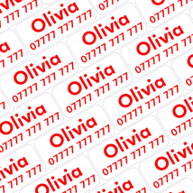 My Nametags 56 Name Stickers - Red text on White background