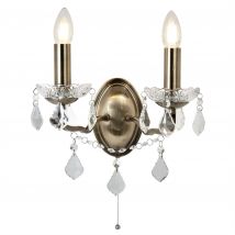 Paris 2 Light Indoor Candle Wall Light Antique Brass, Clear with Crystal Glass, E14