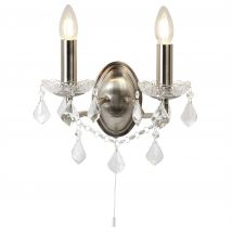 Paris 2 Light Indoor Candle Wall Light Satin Silver, Clear with Crystal Glass, E14