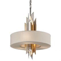 Modernist 4 Light Pendant Polished Stainless Steel, Gold Leaf, Fabric Shade
