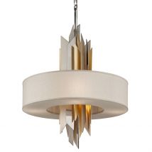 Modernist 6 Light Pendant Polished Stainless Steel, Gold Leaf, Fabric Shade