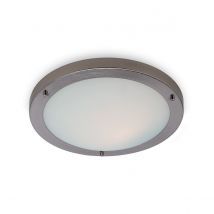 Rondo 1 Light Flush Ceiling Light Brushed Steel, Opal Glass IP54, E27