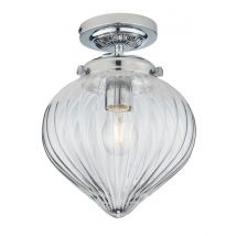 Cheston Semi Flush Ceiling Light Chrome, Clear Ribbed Glass Globe Shade, IP44