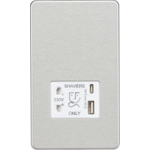 Knightsbridge Shaver socket with dual USB A+C (5V DC 2.4A shared) - brushed chrome with white insert - SF8909BCW