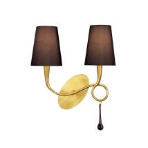 Paola Wall Lamp Switched 2 Light E14, Gold Painted With Black Shades & Amber Glass Droplets