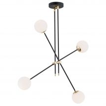 Abstract Multi Arm Pendant Ceiling 4 Light Opal Matt, Black Structure, Brass Elements