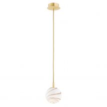 Almiros 12cm Globe Pendant Ceiling Light White-Brown (Marble Colour), Brushed Brass, Gold Wire