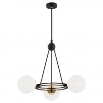 Amalfi Globe Pendant Ceiling 3 Light Opal Matt, Black Structure, Brass Elements