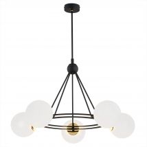 Amalfi Globe Pendant Ceiling 5 Light Opal Matt, Black Structure, Brass Elements