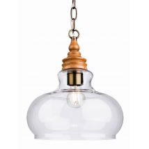 Comet 1 Light Dome Ceiling Pendant Natural Wood with Clear Glass, E27