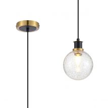 Plattsburgh 1.3m Pendant, 1 Light E14 IP44 With 15cm Round Crackled Glass Shade, Brass, Clear & Satin Black