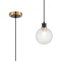 Plattsburgh 1.3m Pendant, 1 Light E14 IP44 With 15cm Round Textured Crumple Glass Shade, Brass, Clear & Satin Black