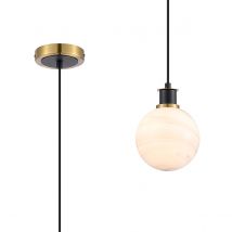 Plattsburgh 1.3m Pendant, 1 Light E14 IP44 With 15cm Round White & Grey Marble Effect Glass Shade, Brass & Satin Black Framework