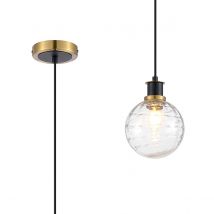 Plattsburgh 1.3m Pendant, 1 Light E14 IP44 With 15cm Round Textured Melting Glass Shade, Brass, Clear & Satin Black