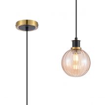 Plattsburgh 1.3m Pendant, 1 Light E14 IP44 With 15cm Round Segment Glass Shade, Brass, Amber Plated & Satin Black