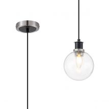 Plattsburgh 1.3m Pendant, 1 Light E14 IP44 With 15cm Round Glass Shade, Satin Nickel, Clear & Satin Black